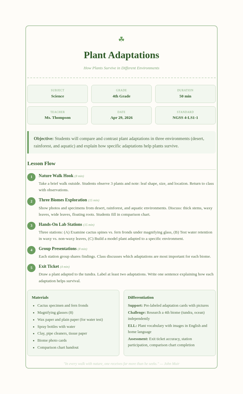 Botanical nature lesson plan